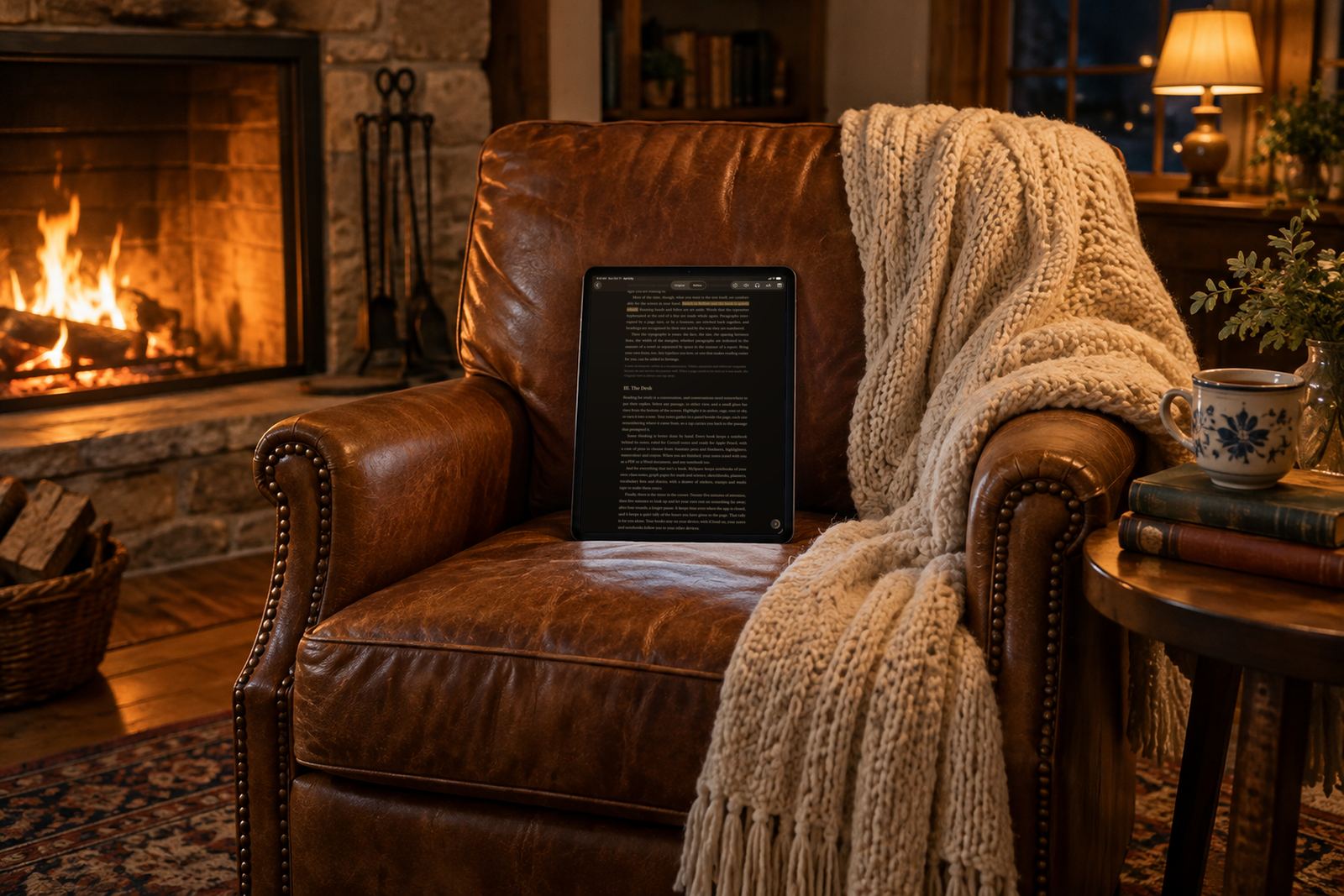 An iPad in a leather armchair by a fire, with a blanket and a cup of tea